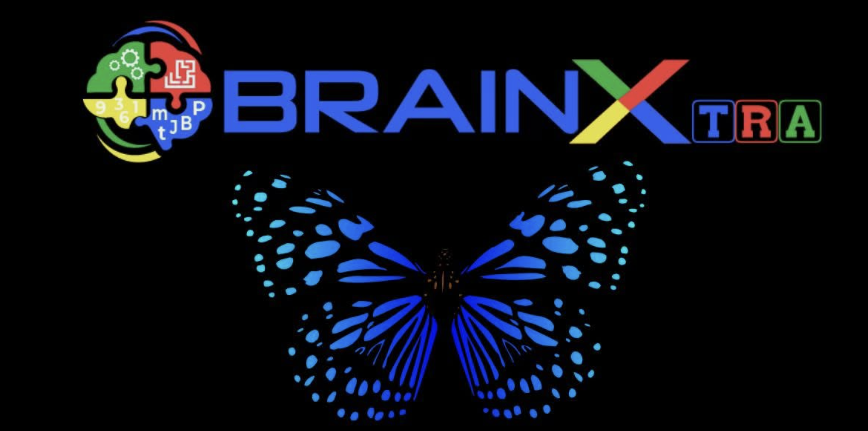 Brain Xtra logo above a glowing blue butterfly